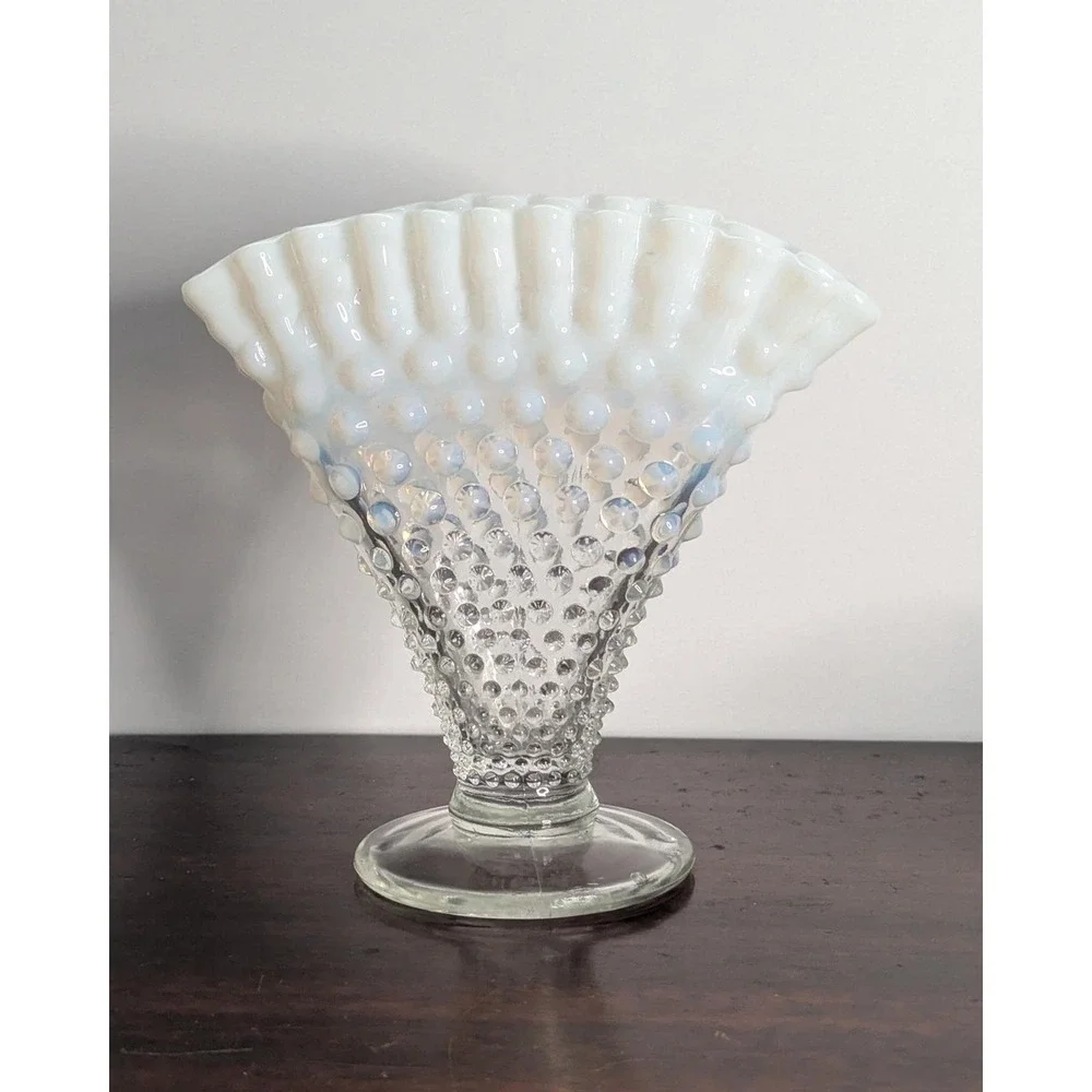 Opalescent Hobnail Fan Vase Vintage Milk Glass Fenton Style Ruffled Edge